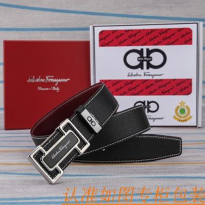 1:1 Ferragamo Black Leather Belt  with Silver  Logo buckle “工” Shape Buckle 3.8cm